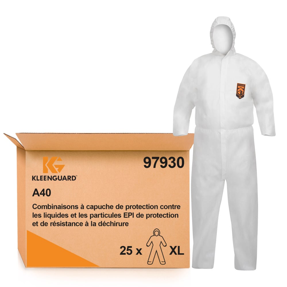 Combinaison à capuche contre les particules et les liquides KleenGuard® A40 97930 - Blanc, taille XL, 1 x 25 (25 pièces au total);Combinaisons à capuche de protection contre les liquides et les particules KleenGuard® A40 97930 - EPI - 25 combinaisons blanches jetables taille XL - 97930