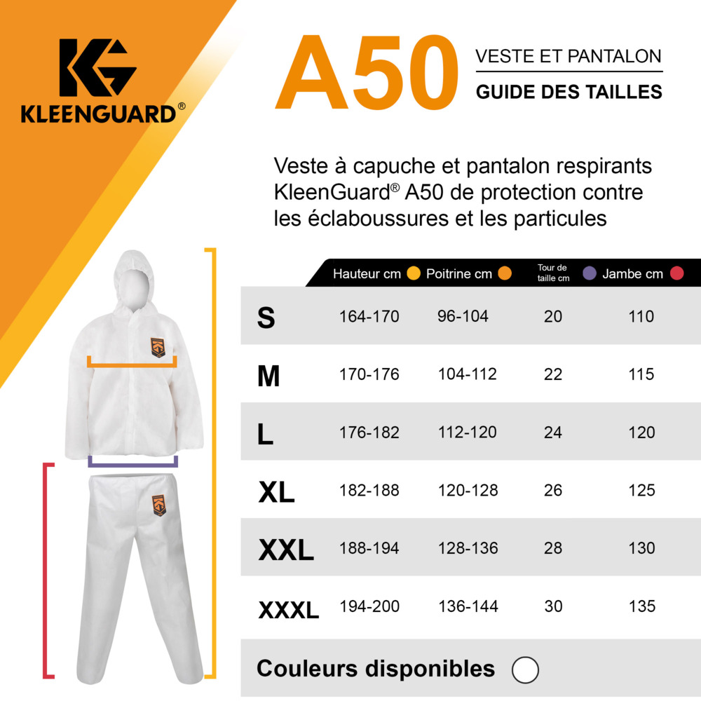 Pantalon respirant contre les particules et les projections KleenGuard® A50 99530 - Blanc, taille XXL, 1 x 15 (15 pièces au total) - 99530