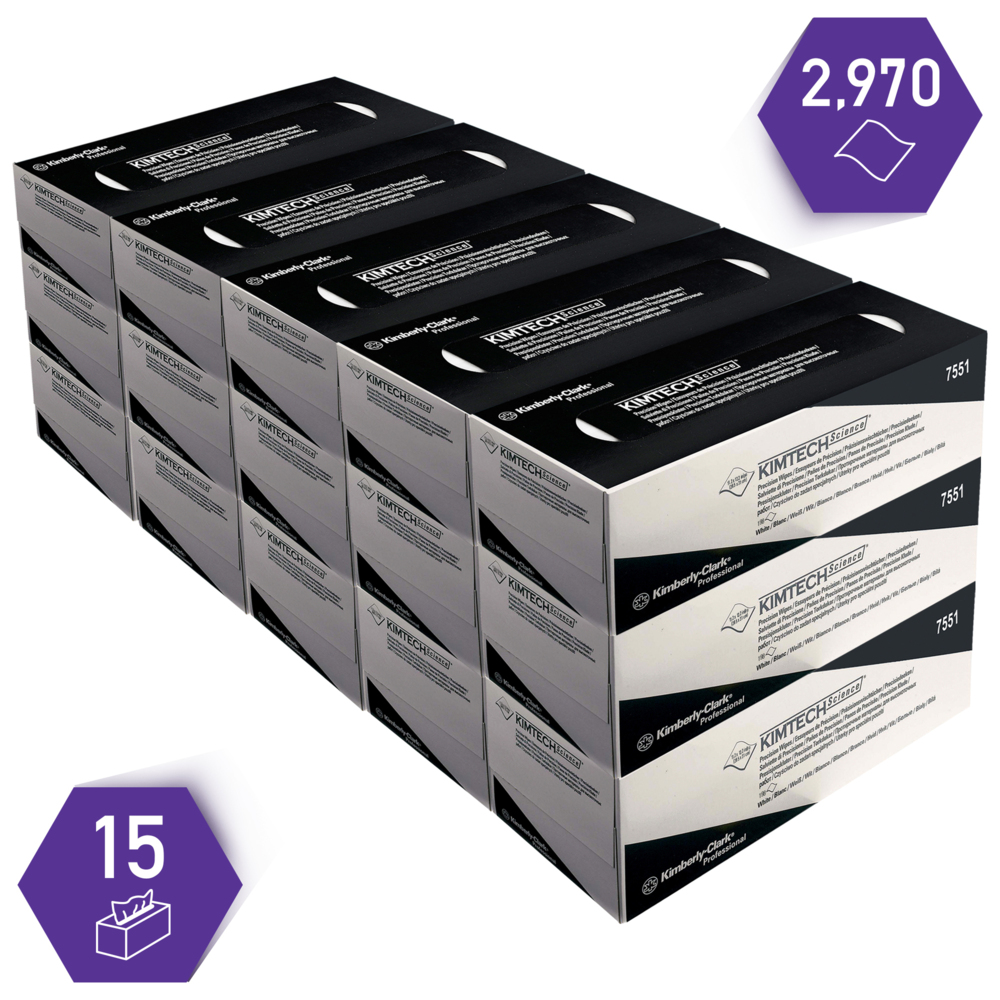 Essuyeurs de précision Kimtech® Science 7551 - 15 boîtes distributrices de 198 formats blancs, 1 épaisseur = 2 970 formats - 7551