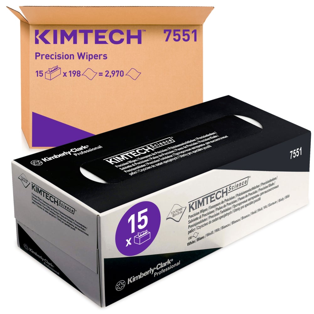 Kimtech® Science Precision Wipes, 15 dispenser boxes x 198 white, 1 ply sheets = 2970 sheets - 7551