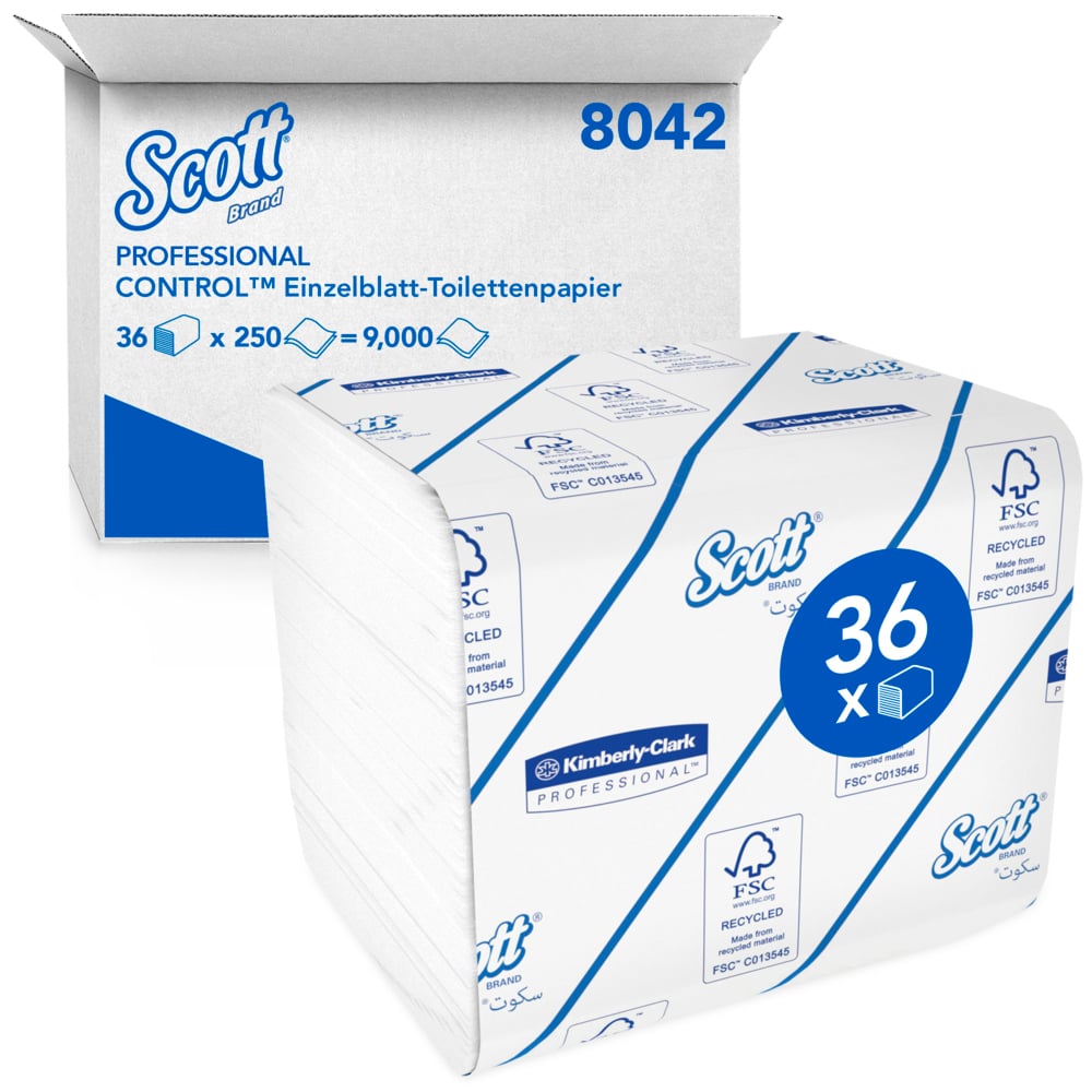 Higiénico plegado Scott® Control™ 8042 - Papel higiénico a granel de 2 capas - 36 paquetes x 250 hojas de papel higiénico (9000 en total) - 8042