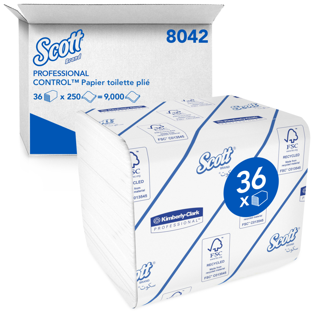 Higiénico plegado Scott® Control™ 8042 - Papel higiénico a granel de 2 capas - 36 paquetes x 250 hojas de papel higiénico (9000 en total) - 8042