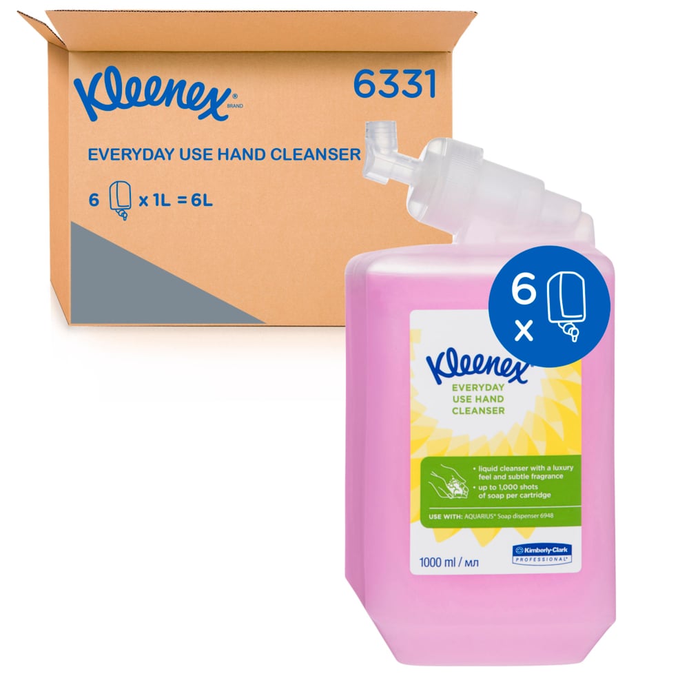 KLEENEX® Liquid Hand Soap (6331), Everyday Use Hand Cleanser, 6 Cartridges / Case, 1 Litre / Cartridge (6L) - 6331