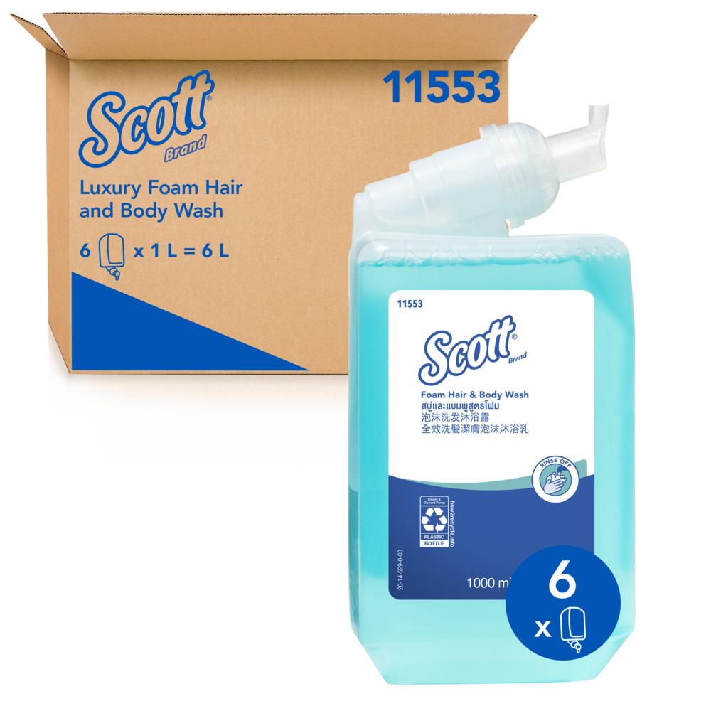 Scott® Foam Hair and Body Wash (11553), Refillable Hair and Body Wash, 6 Cartridges / Case, 1 Litre / Cartridge (6L) - 991011553