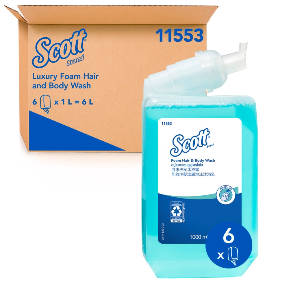 Scott® Foam Hair and Body Wash (11553), Refillable Hair and Body Wash, 6 Cartridges / Case, 1 Litre / Cartridge (6L) - 11553