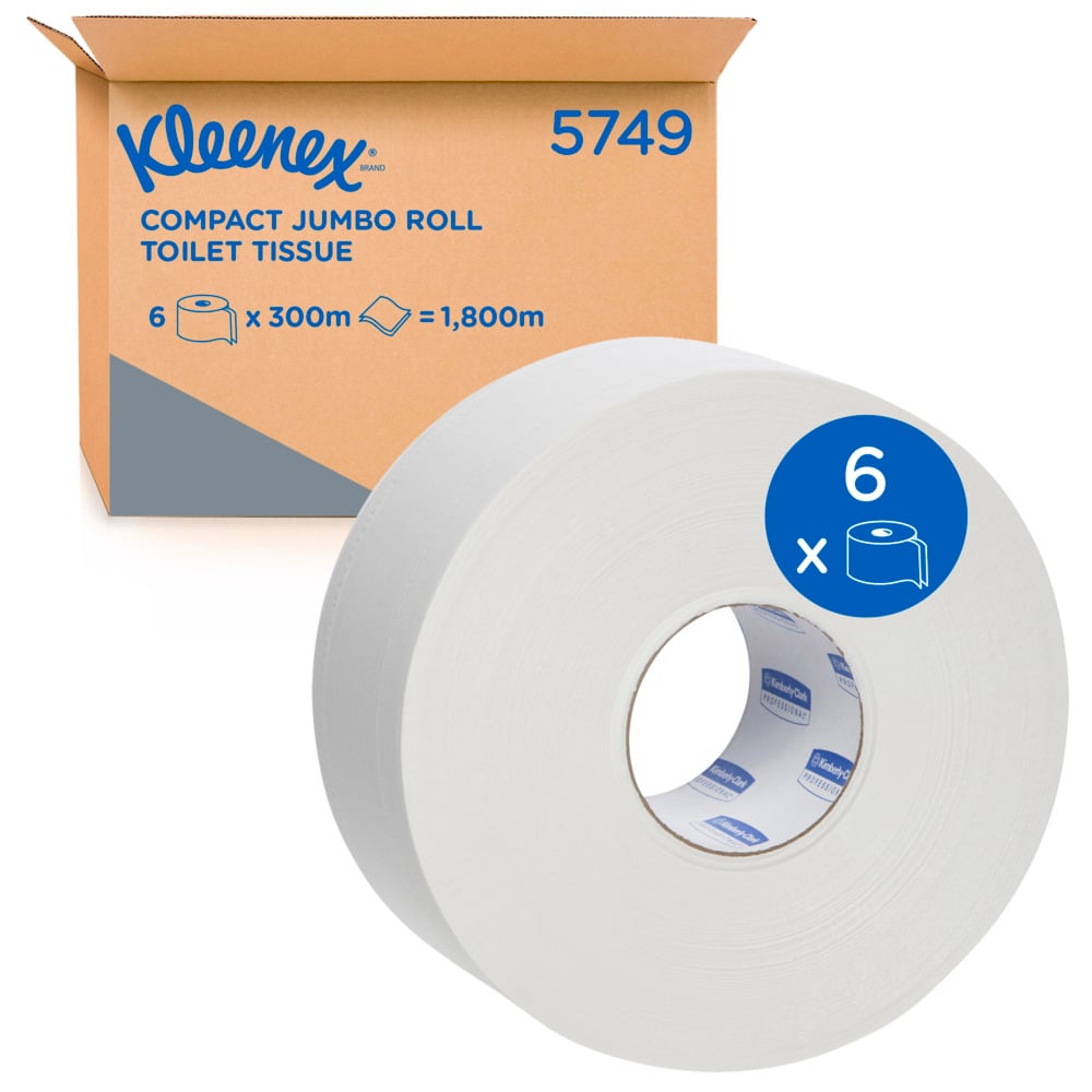 KLEENEX®  Compact Jumbo Roll Toilet Tissue (5749), 2 ply, Jumbo Toilet Roll, 6 Rolls / Case, 300m / Roll (1,800m) - 5749