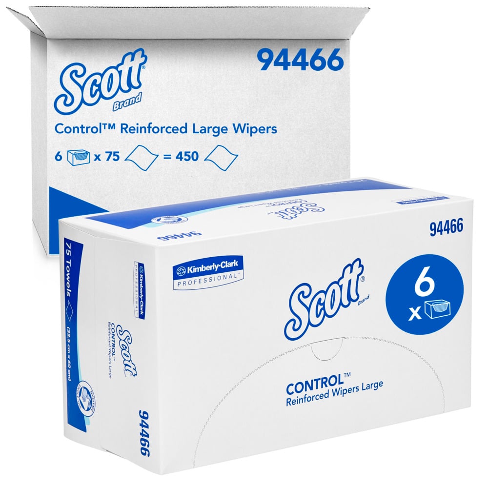SCOTT® Control Reinforced Large Wipers (94466), White Multi Purpose Wipers, 6 Packs / Case, 75 Wipes / Pack (450 Wipes) - 94466