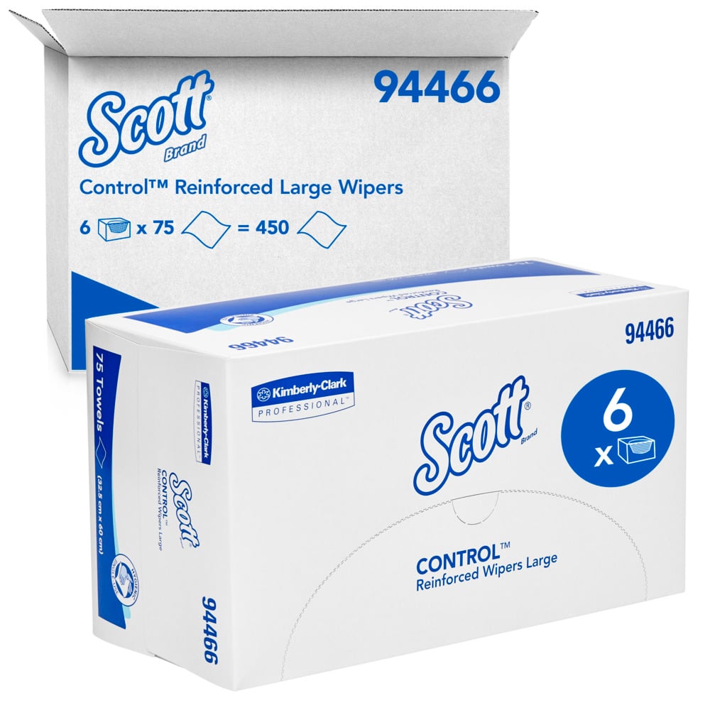 SCOTT® Control Reinforced Large Wipers (94466), White Multi Purpose Wipers, 6 Packs / Case, 75 Wipes / Pack (450 Wipes) - S057551991