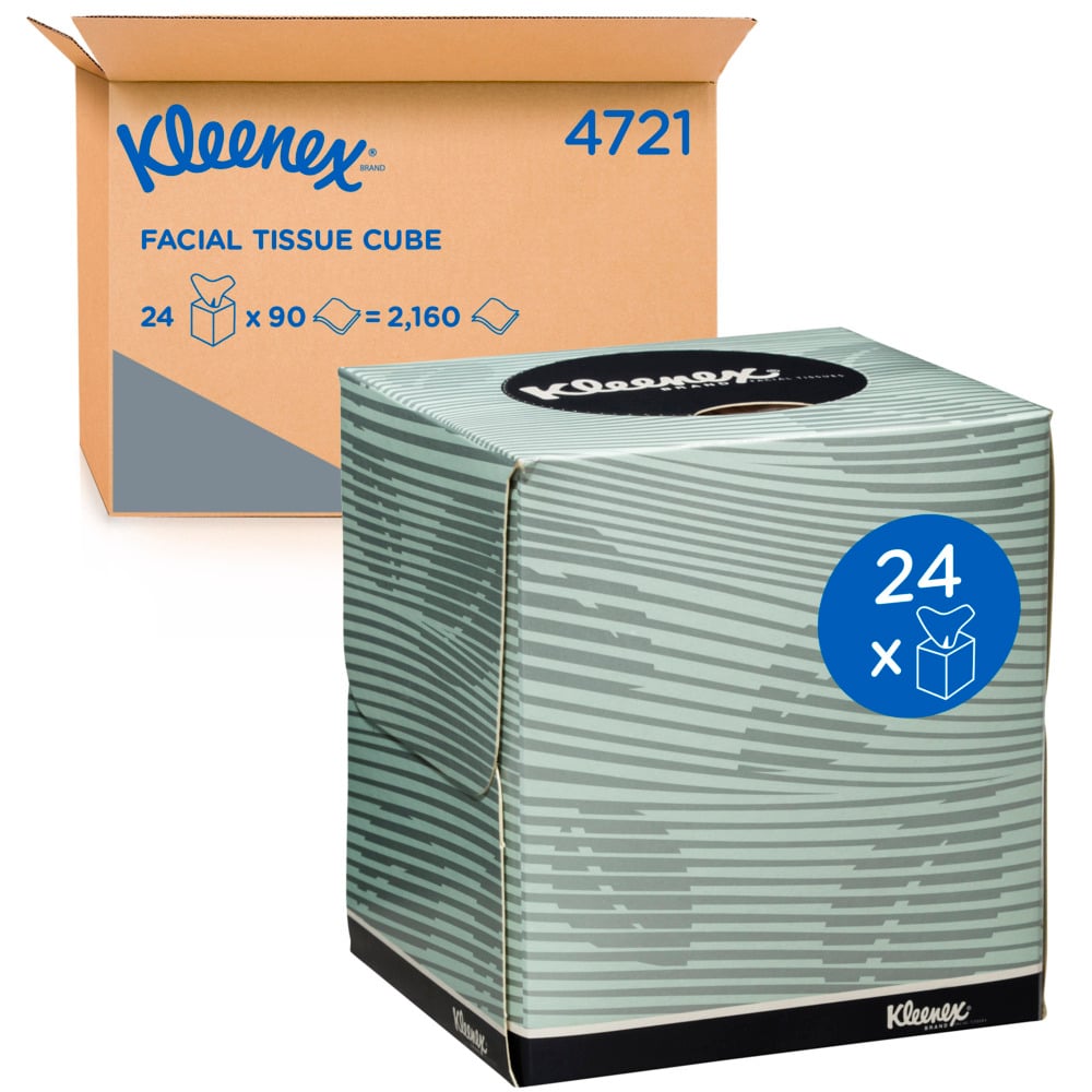 KLEENEX® Facial Tissue Cube (4721), 2 Ply Facial Tissue, 24 Tissue Boxes / Case, 90 Facial Tissues / Box (2,160 Tissues) - 4721