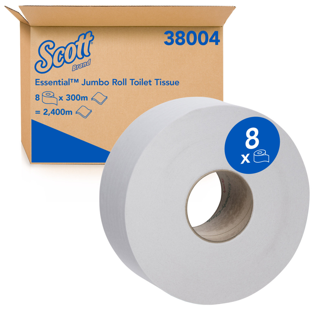 SCOTT ESSENTIAL® Jumbo Roll Toilet Tissue (38004), 2 ply, 8 Rolls / Case, 300m / Roll (2,400m) - S055587432
