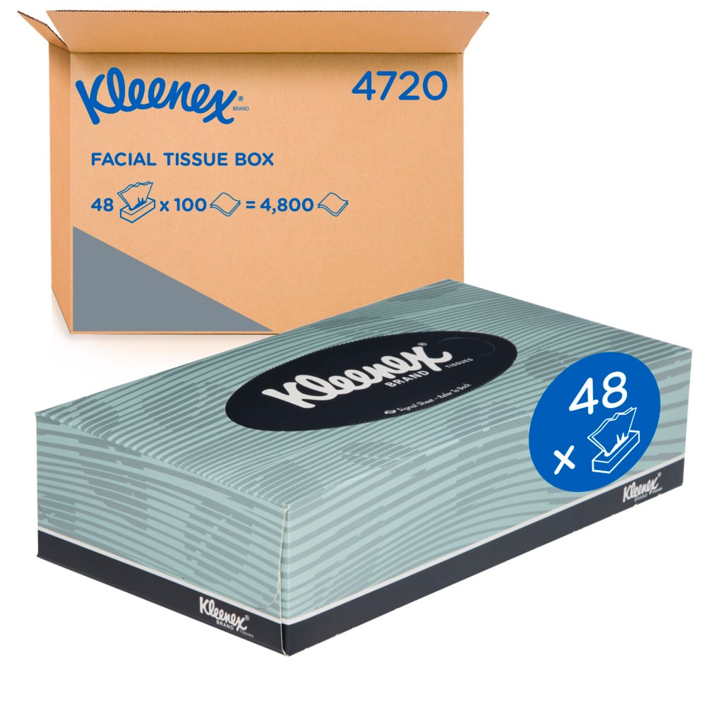 KLEENEX® Facial Tissue Box (4720), 2 Ply Flat Box, 48 Boxes / Case, 100 Tissues / Box (4,800 Tissues) - 4720