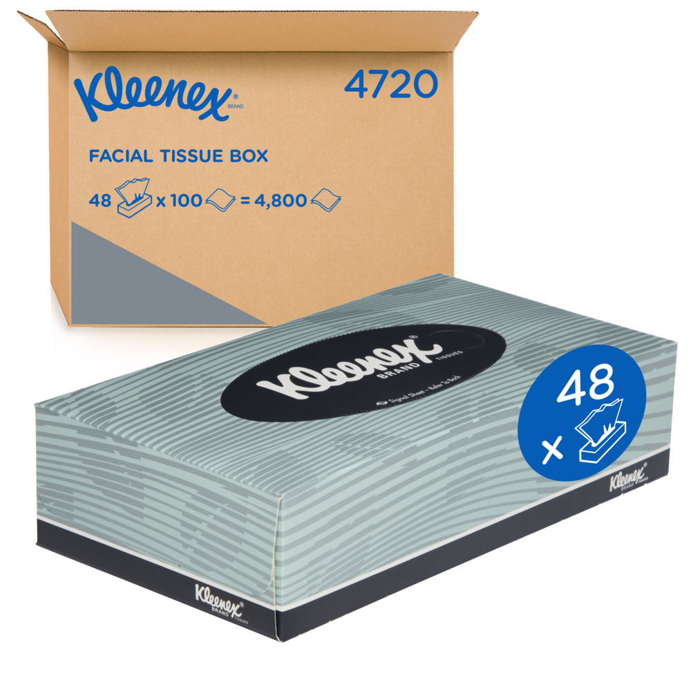 KLEENEX® Facial Tissue Box (4720), 2 Ply Flat Box, 48 Boxes / Case, 100 Tissues / Box (4,800 Tissues) - 4720