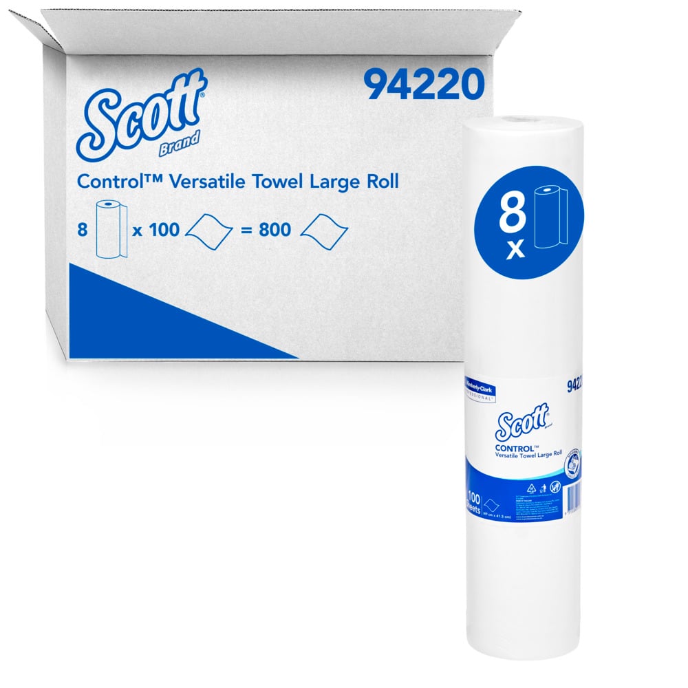 SCOTT® Control Versatile Towel Large Roll (94220), White Multi Purpose Wipes, 8 Rolls / Case, 100 Sheets / Roll (800 Sheets) - 94220