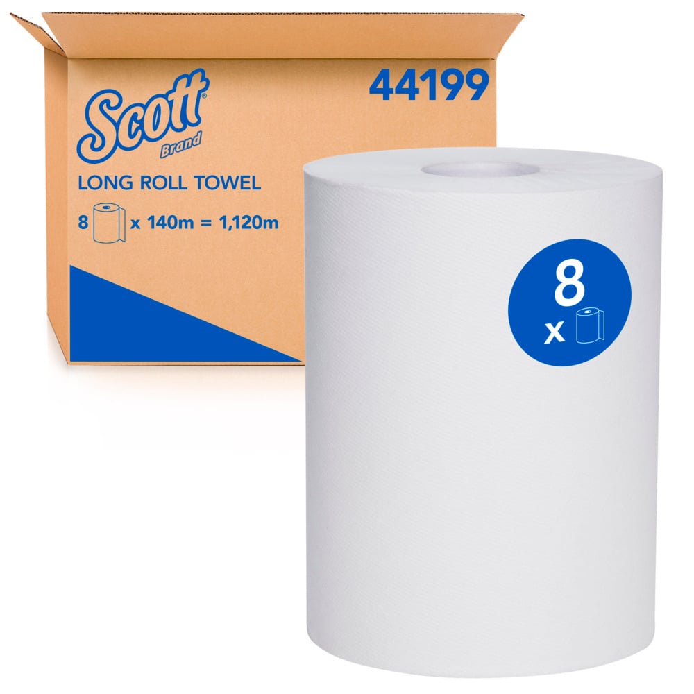 SCOTT® Long Roll Towel (44199), Hand Towel Roll, 8 Rolls / Case, 140m / Rolls (1,120m Total) - S054380066