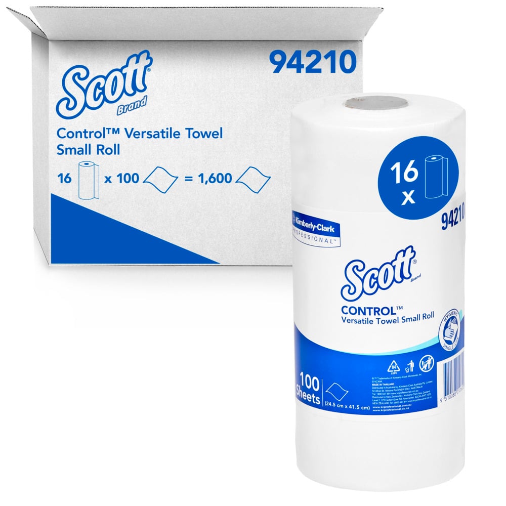 SCOTT® Control Versatile Towel Small Roll (94210), White Multi Purpose Wipes, 16 Rolls / Case, 100 Sheets / Roll (1,600 Sheets) - 94210