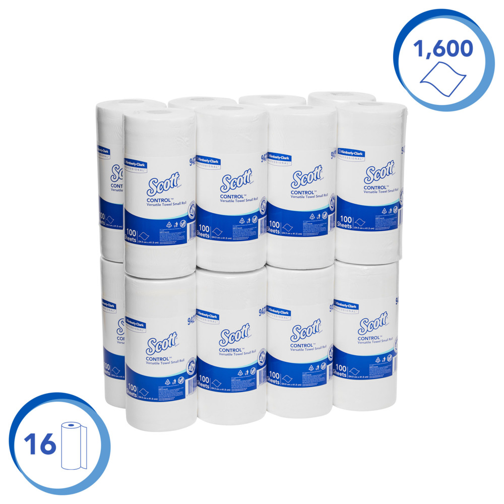 SCOTT® Control Versatile Towel Small Roll (94210), White Multi Purpose Wipes, 16 Rolls / Case, 100 Sheets / Roll (1,600 Sheets) - S057551987