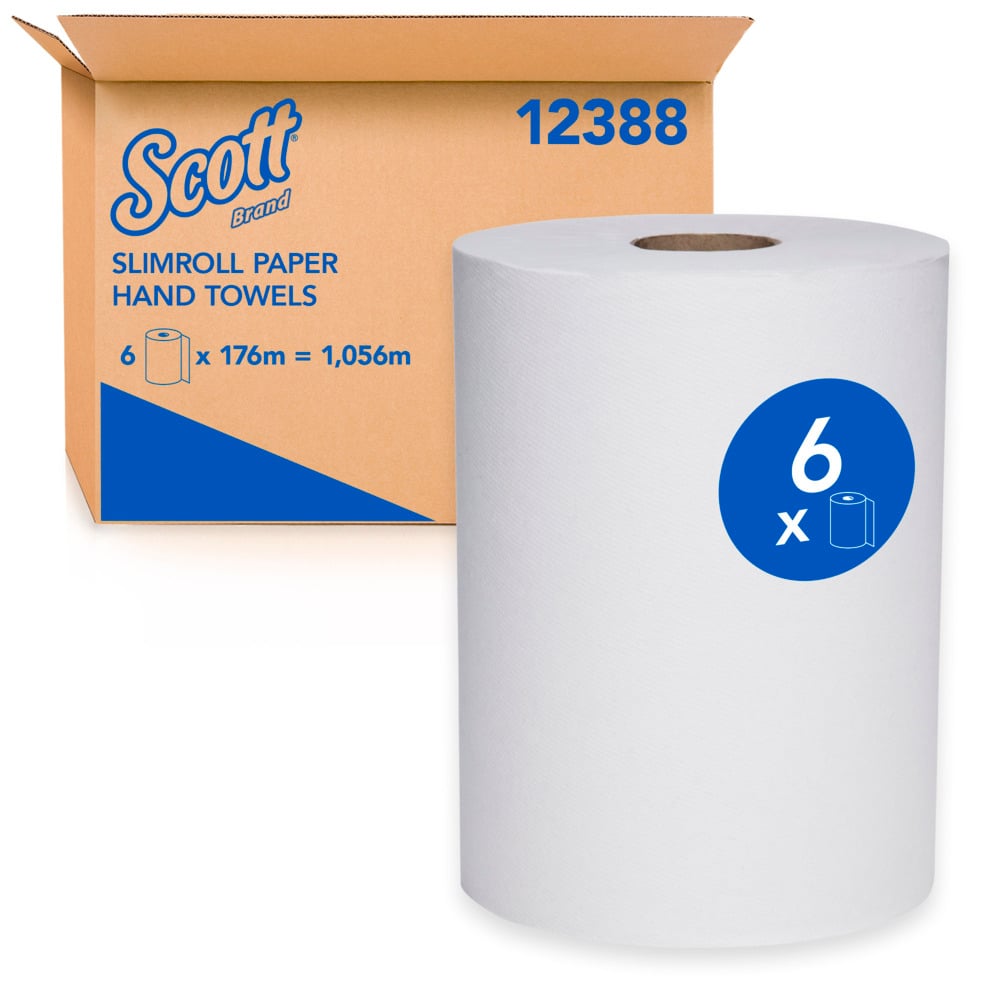 Scott® Slimroll™ Paper Hand Towels (12388), White Paper Towel Roll,  6 Compact Rolls / Case, 176m / Roll (1056m) - 991012388