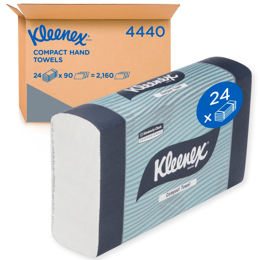 KLEENEX® Compact Hand Towels (4440), White Folded Paper Towels, 24 Packs / Case, 90 Hand Towels / Pack (2,160 Towels) - 991004440