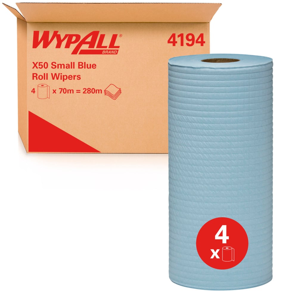 WYPALL® X50 Small Blue Roll Wipers (4194), Small Blue Roll Wipes, 4 Rolls / Case, 70m / Roll (280m) - 4194