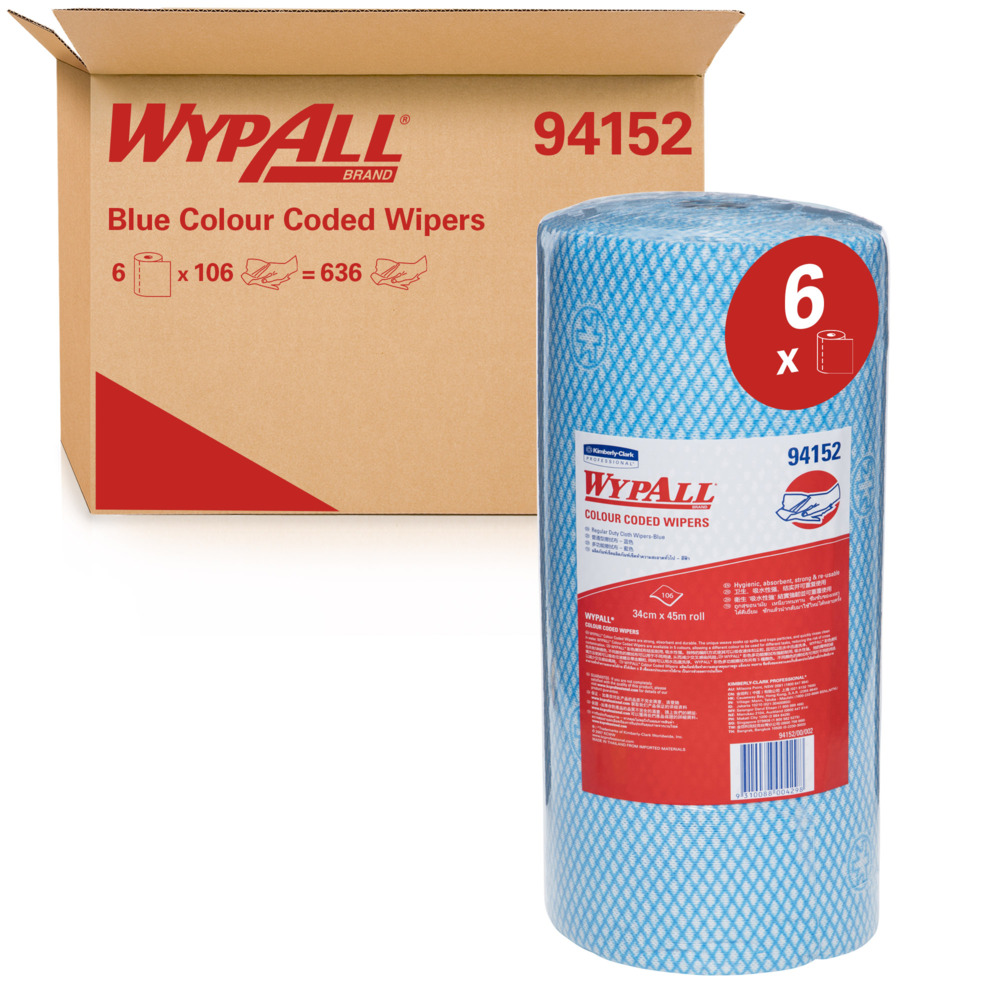 WYPALL® Blue Colour Coded Wiper Roll (94152), Colour Coded Multipurpose Wipers, 6 Rolls / Case, 106 Wipers / Rolls (636 Wipers) - 94152