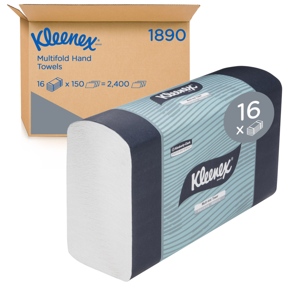 KLEENEX® Multifold Hand Towels (1890), Folded Paper Towels, 16 Packs / Case, 150 Hand Towels / Pack (2,400 Towels)