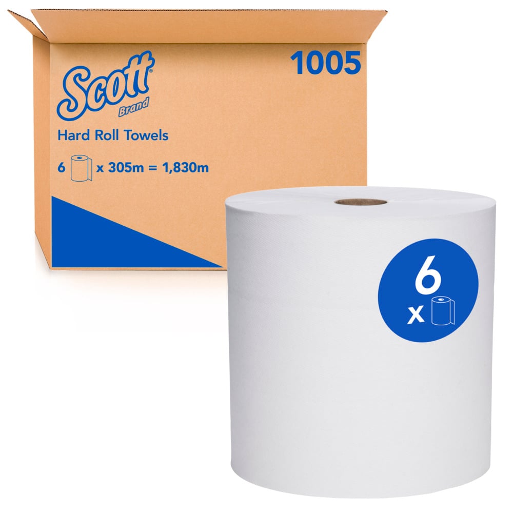 SCOTT® Hard Roll Towels (1005), Hard Roll Paper Towel, 6 Rolls / Case, 305m / Roll (1,830m Total) - 991001005