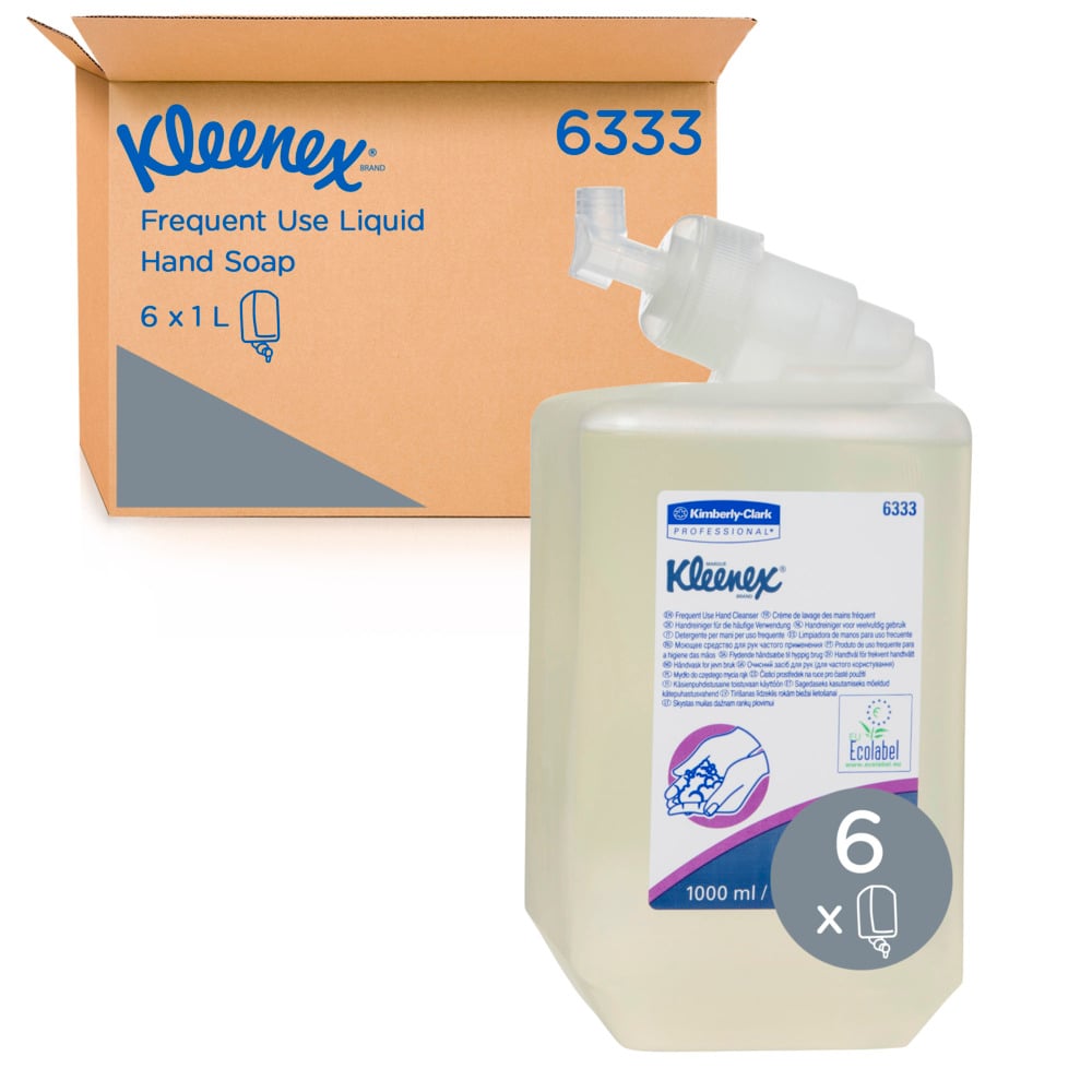 KLEENEX® Liquid Hand Soap (6333), Frequent Use Handwash, 6 Cartridges / Case, 1 Litre / Cartridge (6L) - 6333