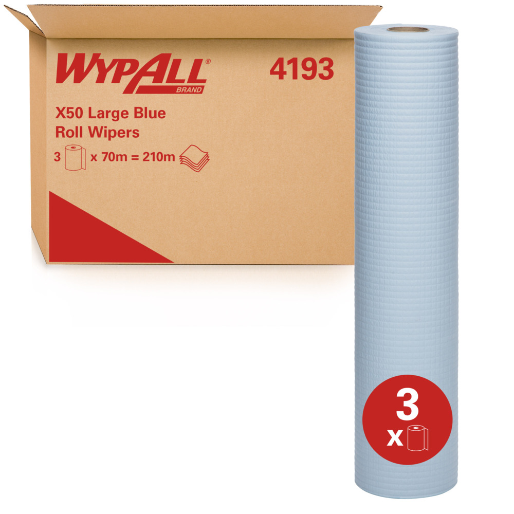 WYPALL® X50 Large Blue Roll Wipers (4193), Large Wipes, 3 Rolls / Case, 70m / Roll (210m) - 4193