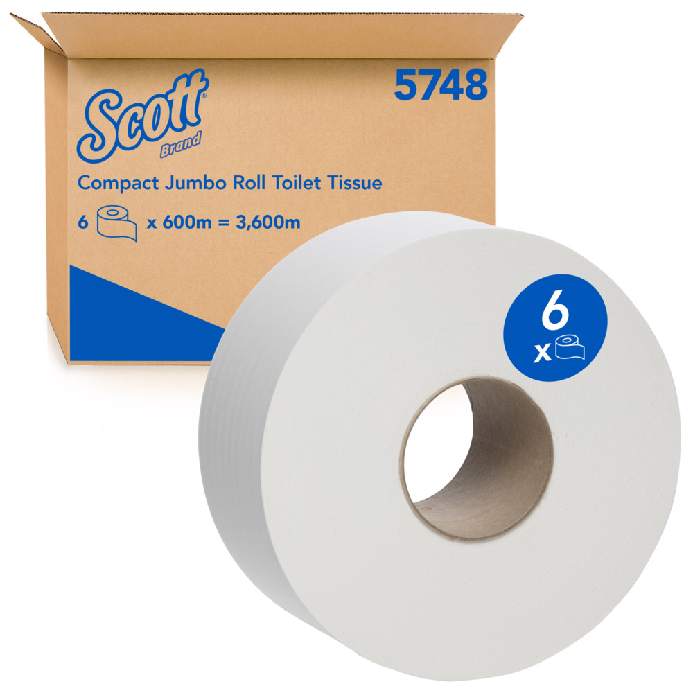 SCOTT® Compact Jumbo Roll Toilet Tissue (5748), 1 Ply, 6 Rolls / Case, 600m / Roll (3,600m) - 5748