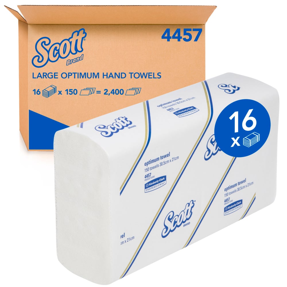 SCOTT® Large Optimum Hand Towels (4457), Folded Paper Towels, 16 Packs / Case, 150 Hand Towels / Pack (2,400 Towels) - 4457