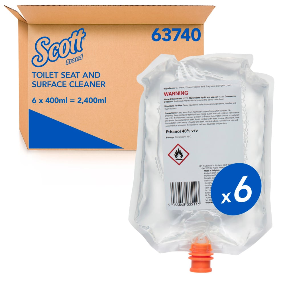 SCOTT® Toilet Seat and Surface Cleaner (63740), Clear Surface Cleaner, 6 Pouches / Case, 400ml / Pouch (2.4L) - 63740