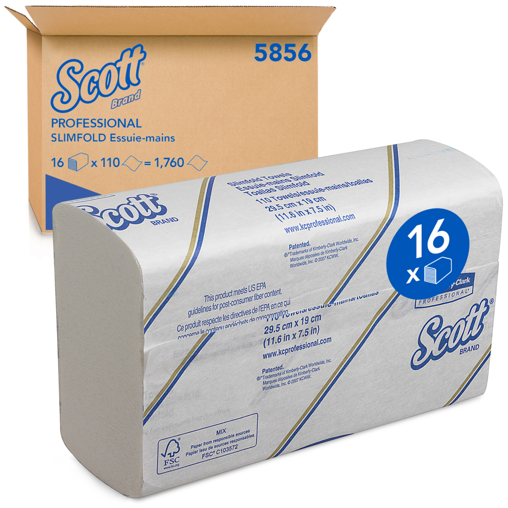 Scott® Slimfold™ papieren Handdoeken 5856 - 16 wikkels x 110 witte, 1-laags doeken - 5856