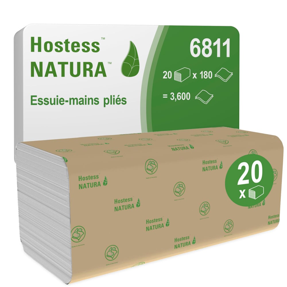 Hostess™ NATURA™ Gevouwen papieren handdoekjes 6811 - 20 pakken x 180 witte, 2-laags vellen - 6811