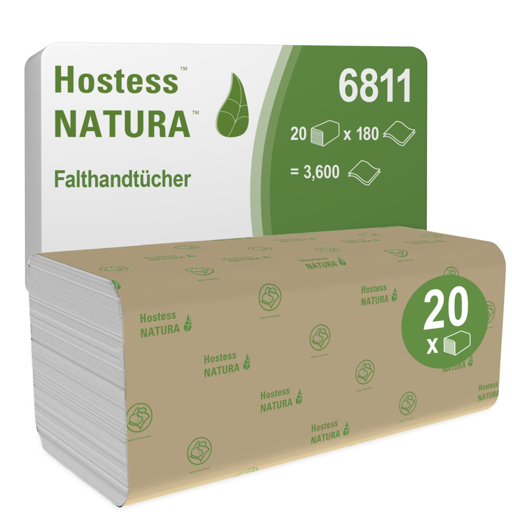 Hostess™ NATURA™ Toallas secamanos plegadas 6811: 20 paquetes x 180 hojas de 2 capas, blanco - 6811
