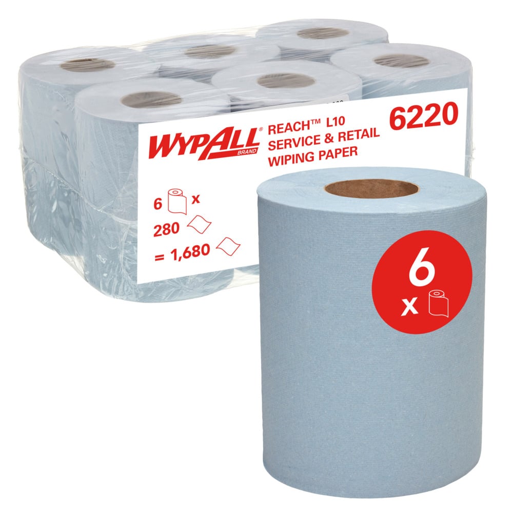 WYPALL® L10 Service & Retail Wiping Paper (6220), 1 Ply Centrefeed Reinforced Blue Wipers, 6 Centrefeed Rolls / Case, 280 Paper Wipers / Roll (1,680 Wipers) - S058695966