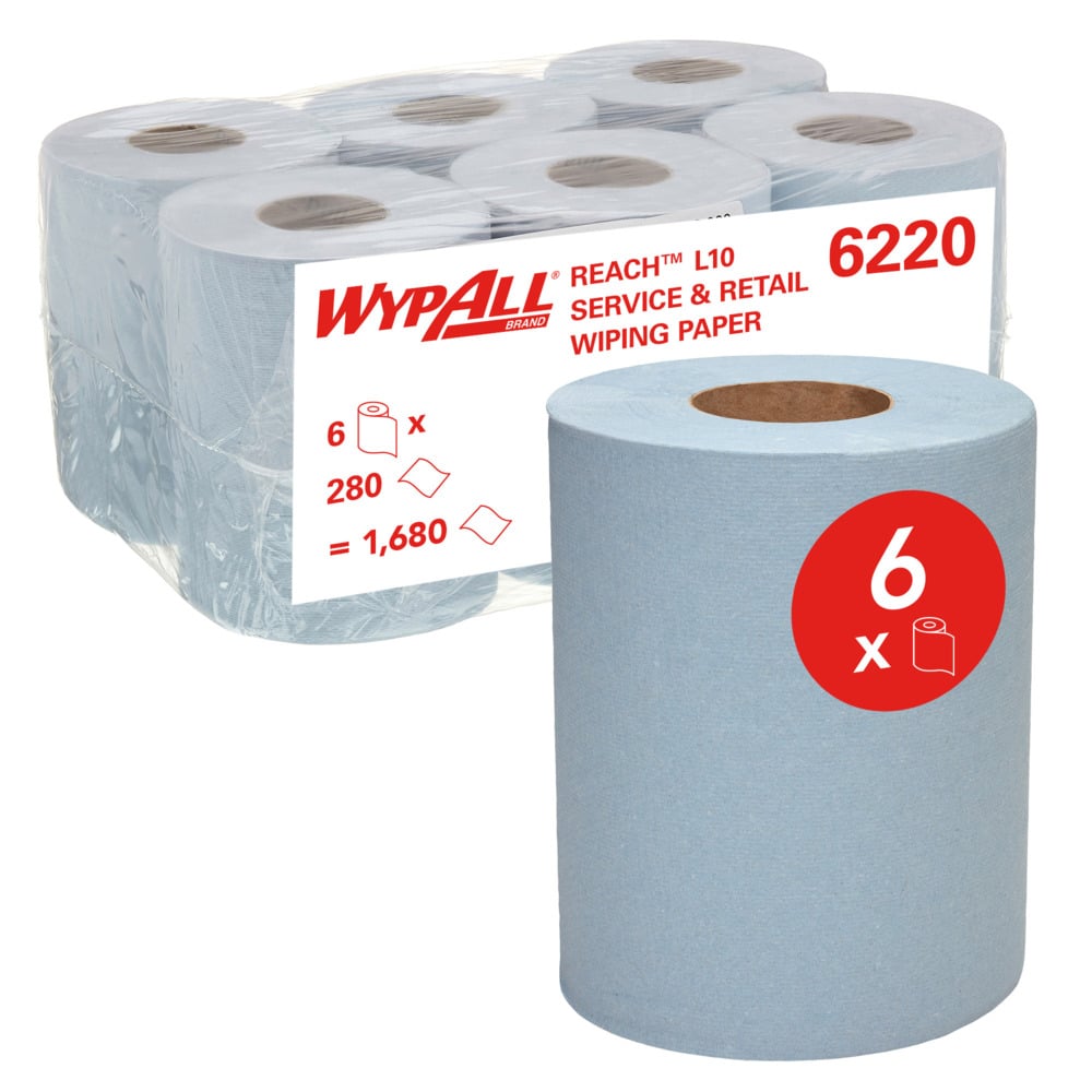 WYPALL® L10 Service & Retail Wiping Paper (6220), 1 Ply Centrefeed Reinforced Blue Wipers, 6 Centrefeed Rolls / Case, 280 Paper Wipers / Roll (1,680 Wipers)