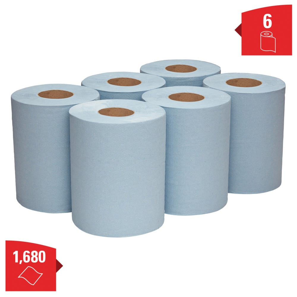 WYPALL® L10 Service & Retail Wiping Paper (6220), 1 Ply Centrefeed Reinforced Blue Wipers, 6 Centrefeed Rolls / Case, 280 Paper Wipers / Roll (1,680 Wipers) - S061449917