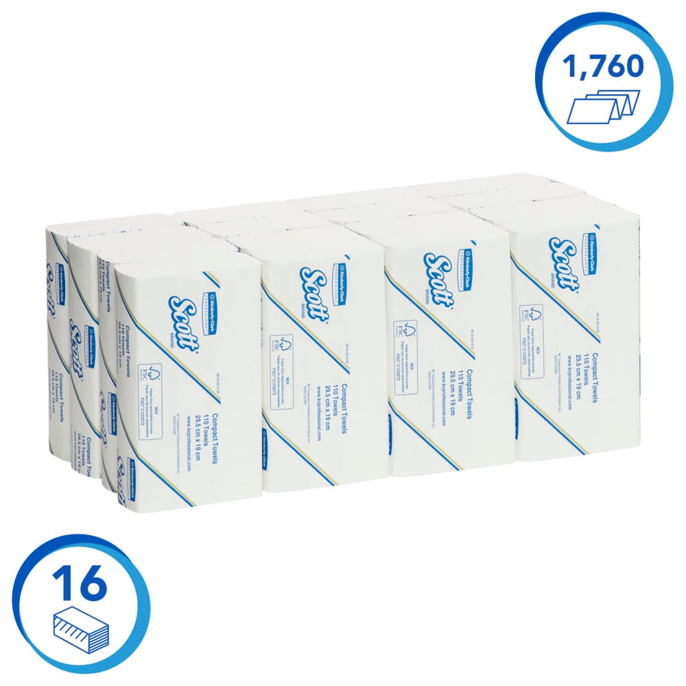 Scott® Control Compact Hand Towels (5855), White, 1-Ply Sheets, 16 Packs / Case, 110 Sheets / Pack (1760 Sheets) - 991058550