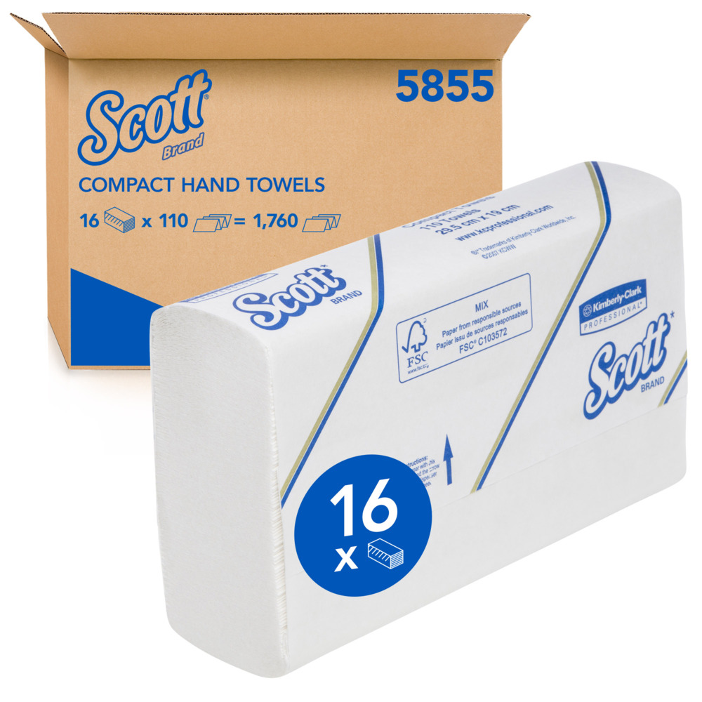 Scott® Control Compact Hand Towels (5855), White, 1-Ply Sheets, 16 Packs / Case, 110 Sheets / Pack (1760 Sheets) - 991058550