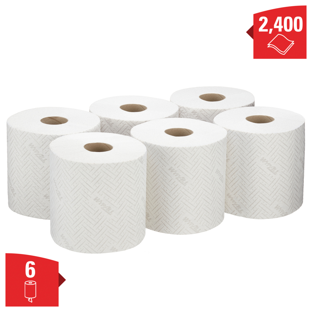 WypAll® L20 Papieren schoonmaak doekjes voor schoonmaak en onderhoud 7278 - 2-laagse centerfeed rollen - 6 rollen x 400 witte papieren wegwerp poetsdoeken (2400 in totaal) - 7278