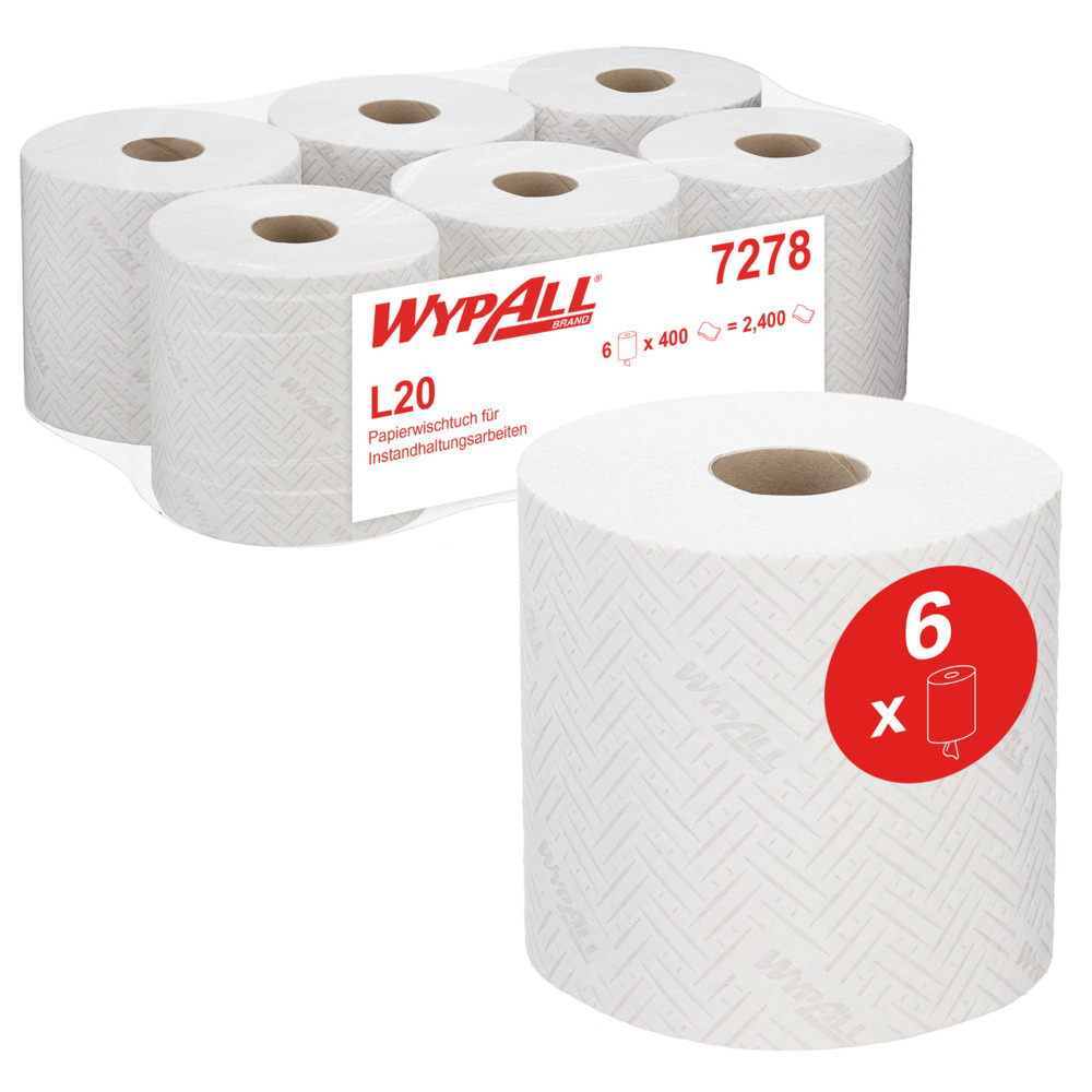 WypAll® L20 Papieren schoonmaak doekjes voor schoonmaak en onderhoud 7278 - 2-laagse centerfeed rollen - 6 rollen x 400 witte papieren wegwerp poetsdoeken (2400 in totaal) - 7278