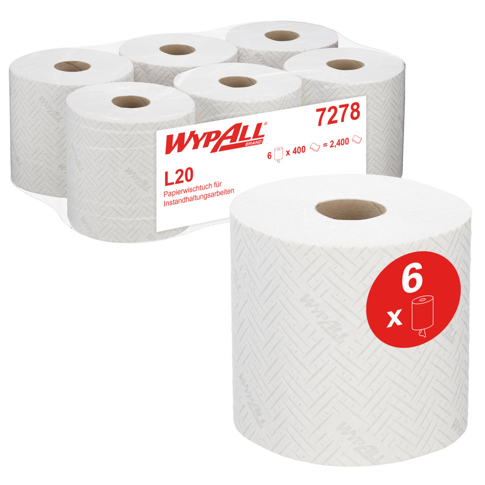 Essuyeur en papier WypAll® L20 pour le nettoyage et l'entretien 7278 - Bobines à dévidage central 2 épaisseurs - 6 bobines x 400 essuyeurs en papier blanc (2 400 au total) - 7278