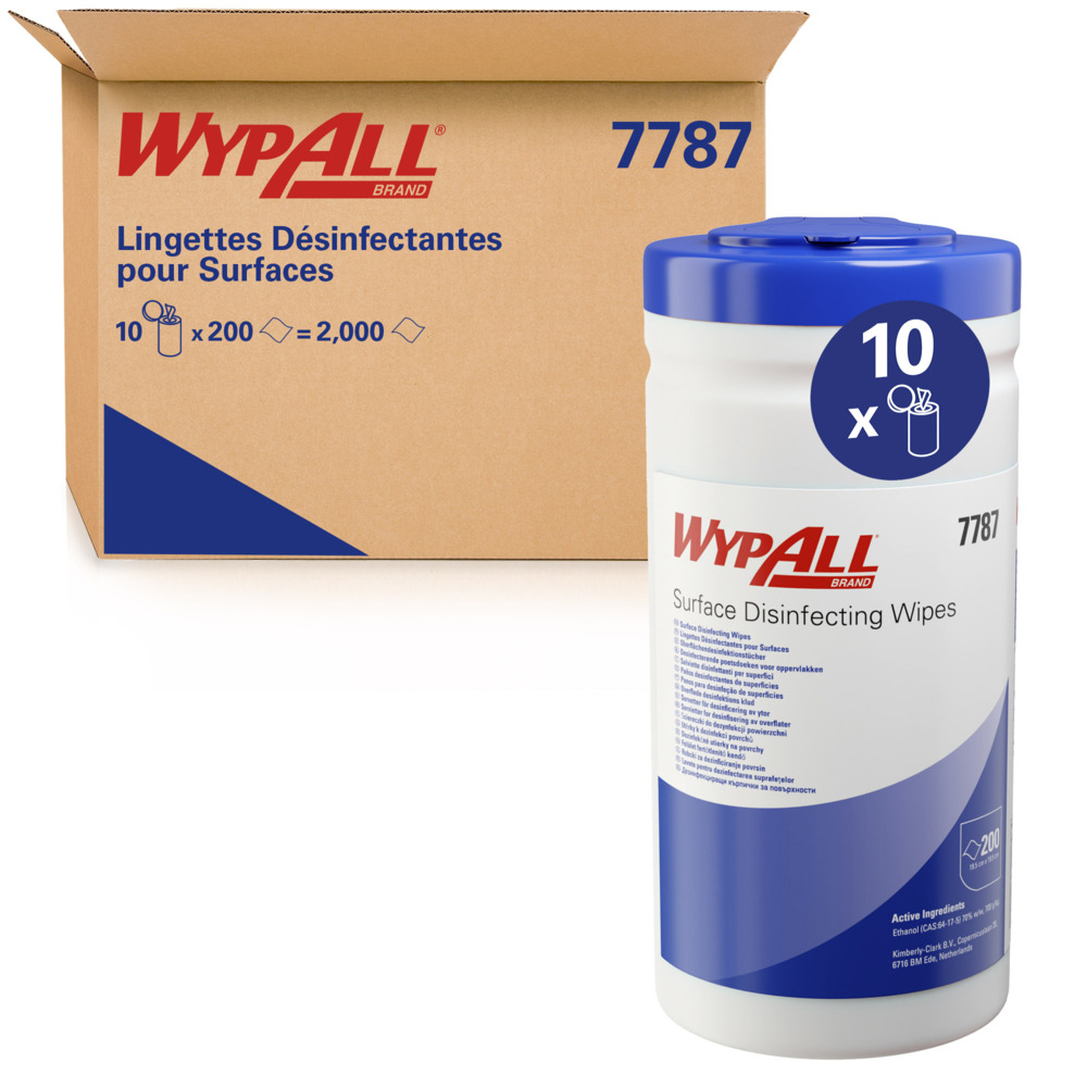 Essuyeurs de désinfection de surface WypAll® 7787 - Essuyeurs pré-imprégnés antibactériens - 10 boîtes x 200 essuyeurs de désinfection (2 000 au total) - 7787