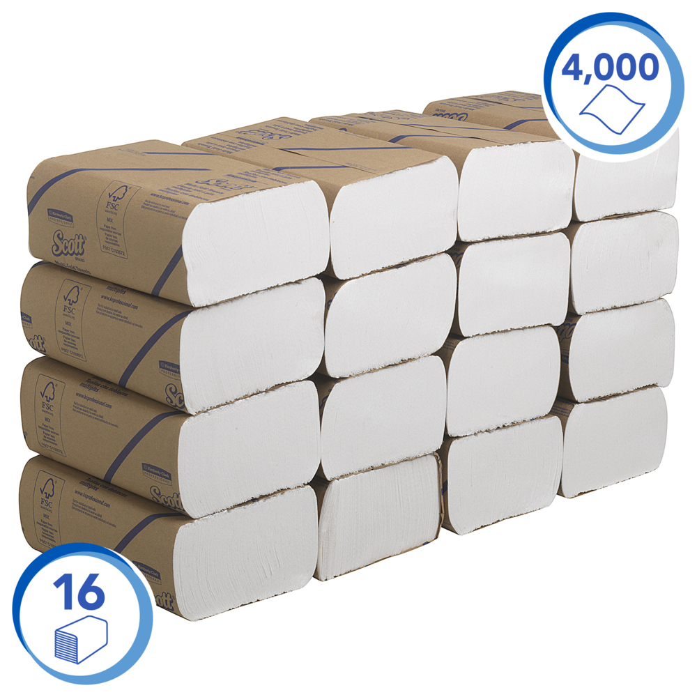 Scott® papieren handdoekjes 3749 - Meervoudig gevouwen handdoekjes - 16 pakketten x 250 witte papieren handdoeken (4000 stuks in totaal) - 3749