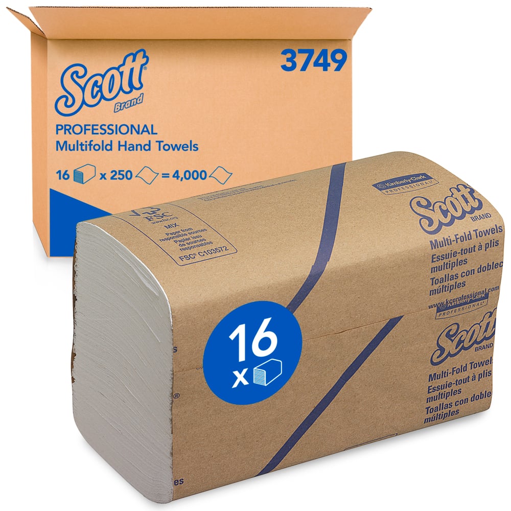 Scott® papieren handdoekjes 3749 - Meervoudig gevouwen handdoekjes - 16 pakketten x 250 witte papieren handdoeken (4000 stuks in totaal) - 3749