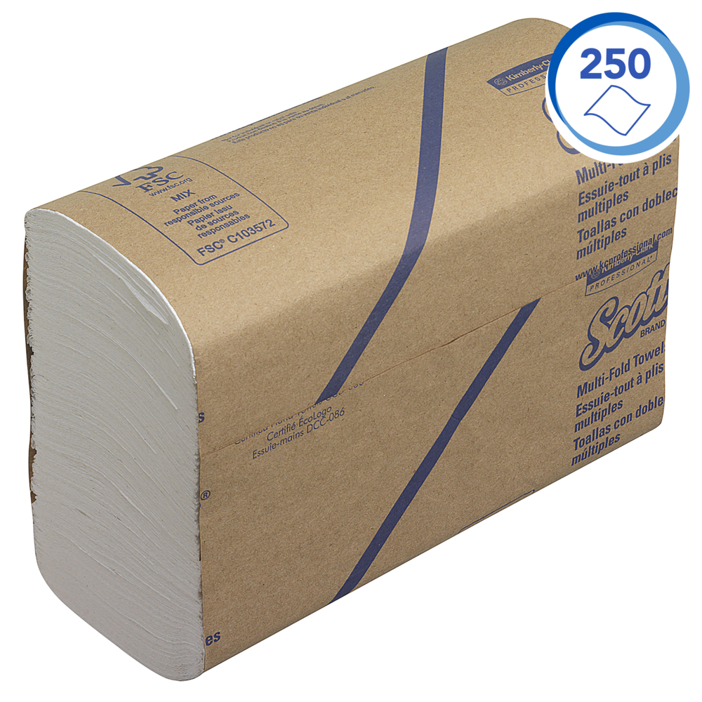 Scott® Multifold Бумажные полотенца, код 3749, 16 упаковок x 250 белых однослойных листов (итого 4 000 шт.) - 3749