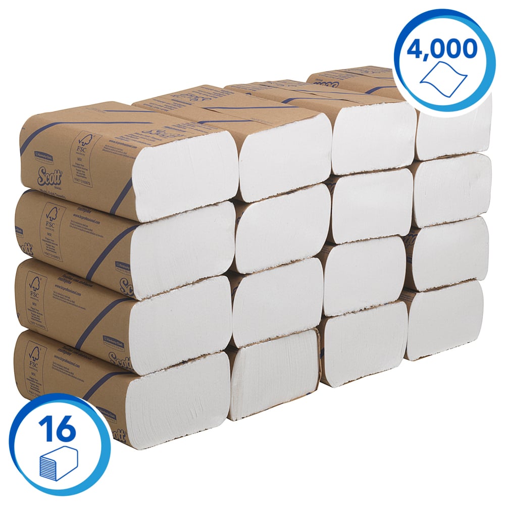 Scott® Multifold Бумажные полотенца, код 3749, 16 упаковок x 250 белых однослойных листов (итого 4 000 шт.) - 3749