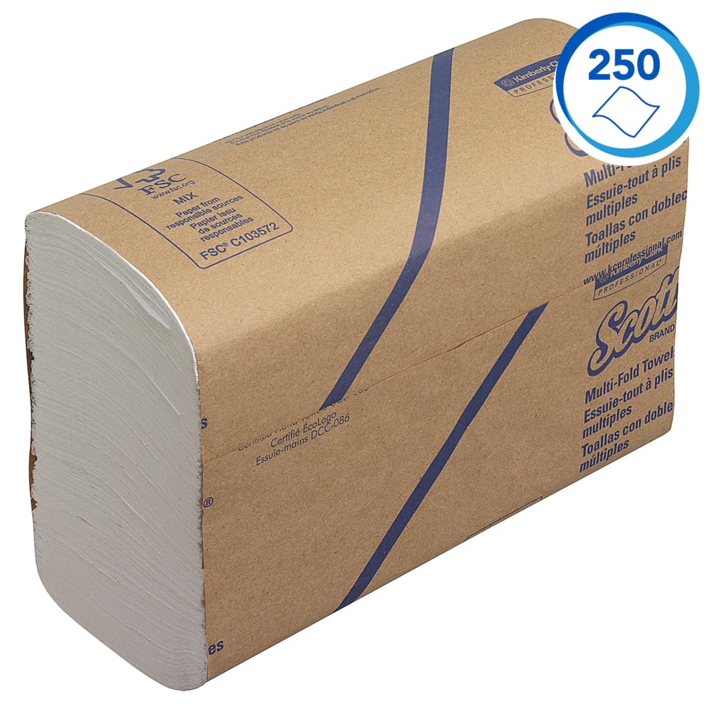 Scott® Multifold Бумажные полотенца, код 3749, 16 упаковок x 250 белых однослойных листов (итого 4 000 шт.) - 3749