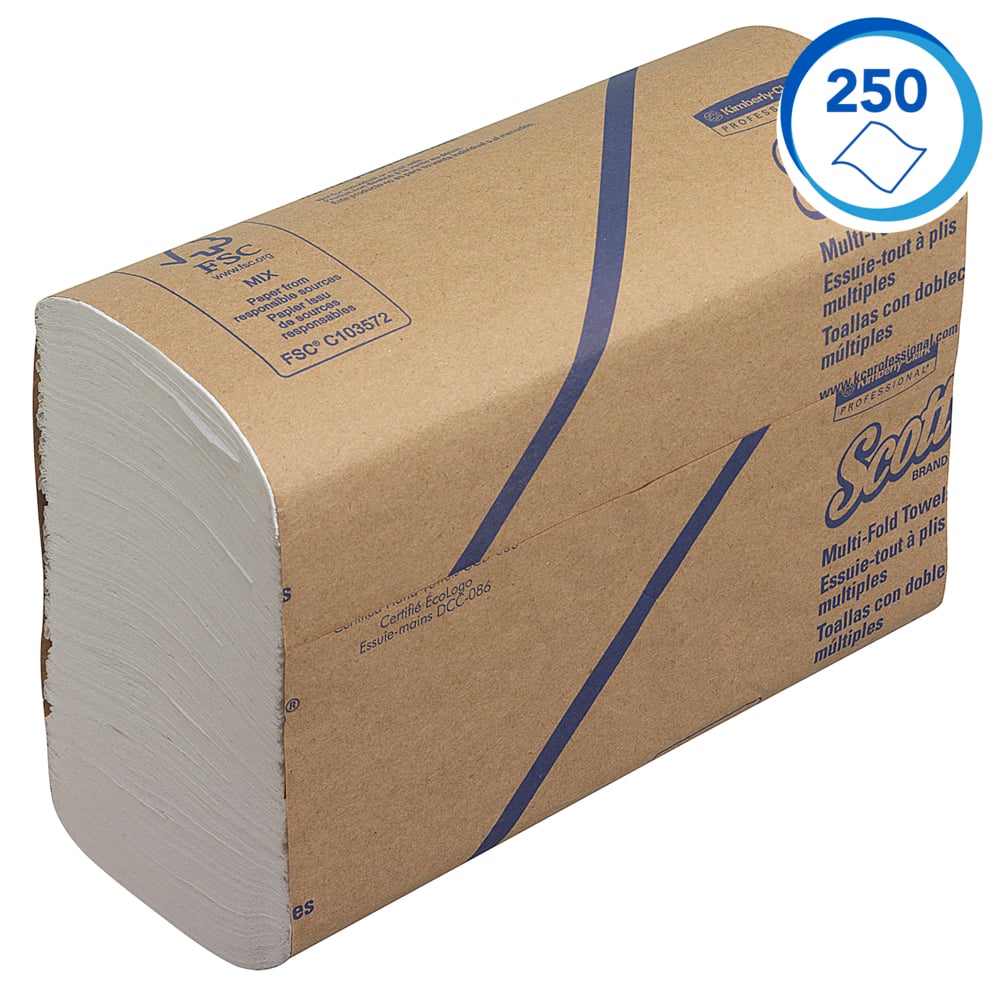 Scott® papieren handdoekjes 3749 - Meervoudig gevouwen handdoekjes - 16 pakketten x 250 witte papieren handdoeken (4000 stuks in totaal) - 3749