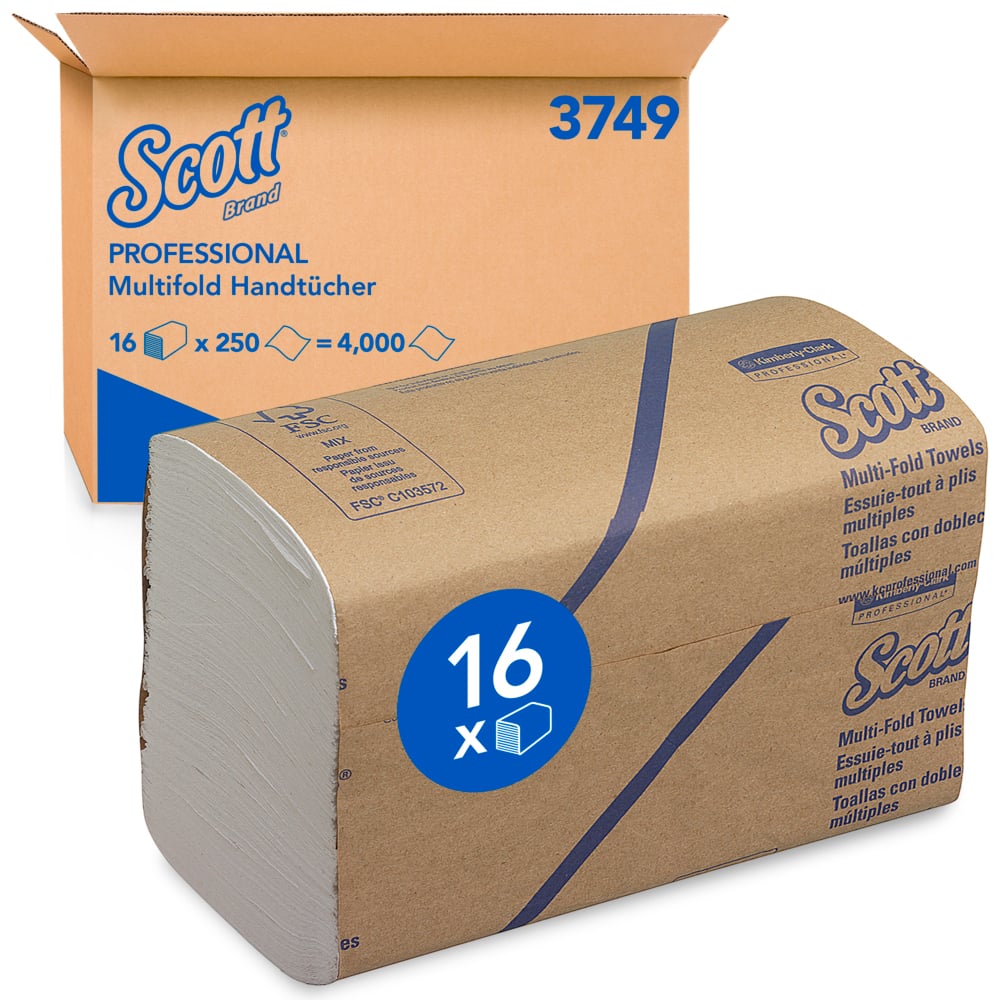 Essuie-mains enchevêtrés Scott® 3749 - Essuie-mains pliés - 16 paquets x 250 essuie-mains en papier blanc (4 000 au total)